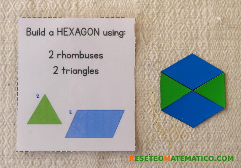 Puzle con Pattern Blocks. El texto en inglés dice "construye un HEXÁGONO usando 2 rombos y 2 triángulos"